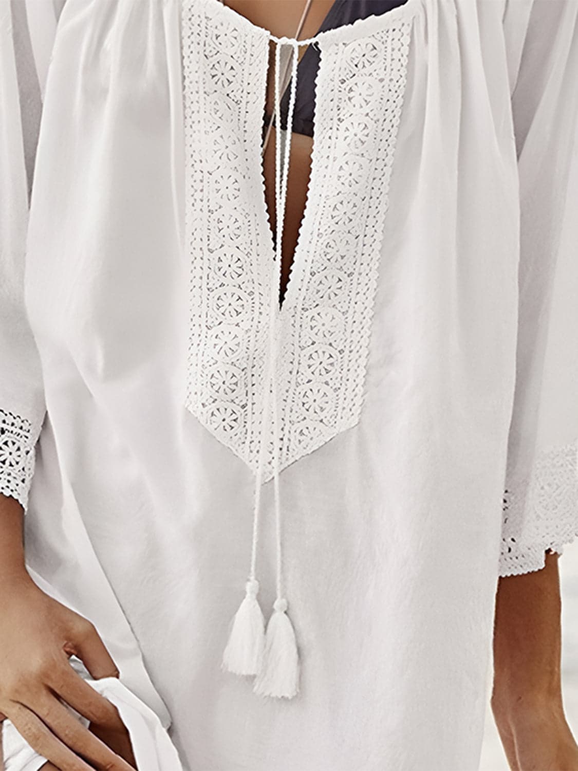 Lace Detail Tie Neck Three-Quarter Sleeve Cover Up.