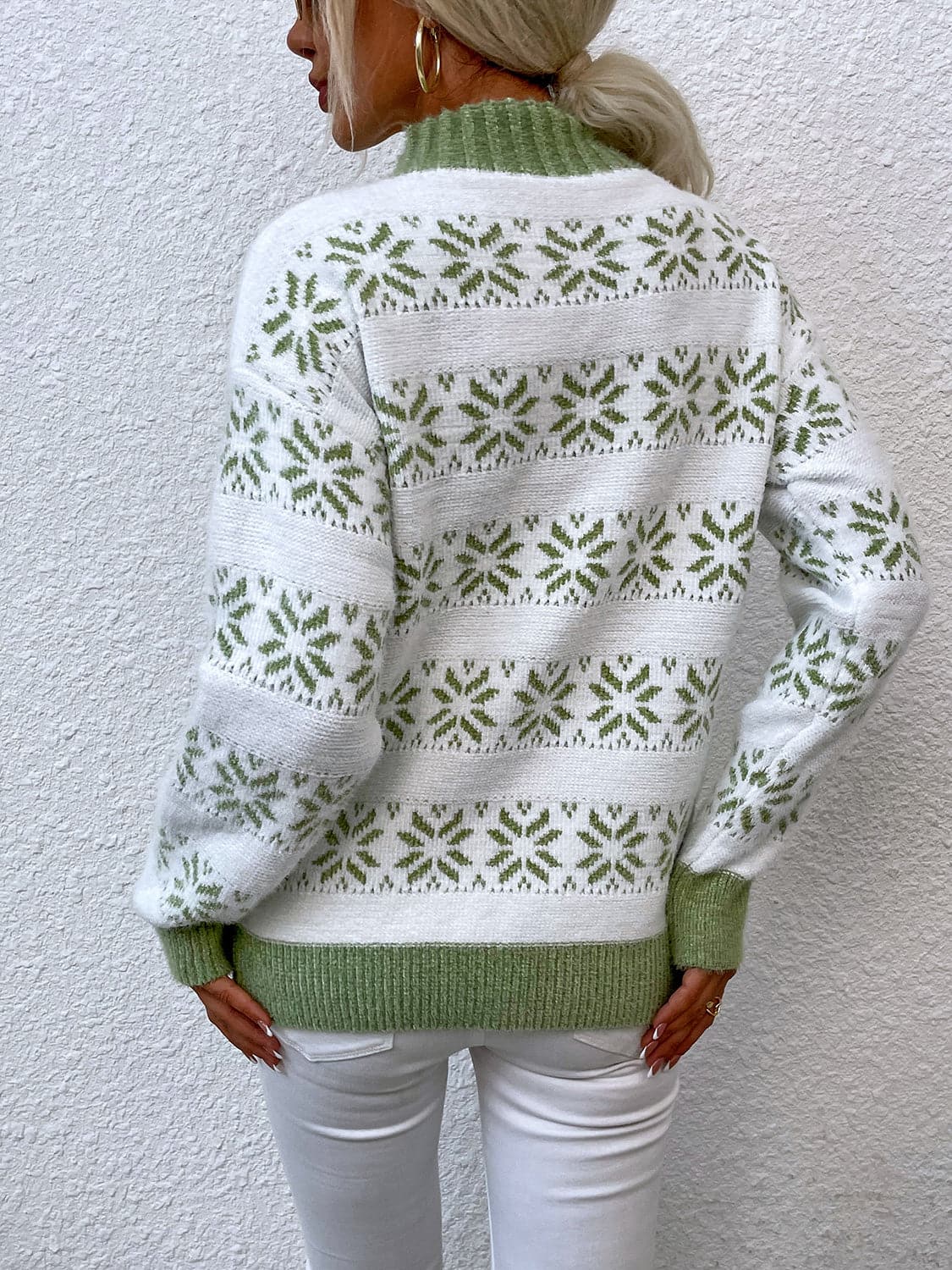 Snowflake Pattern Mock Neck Sweater.