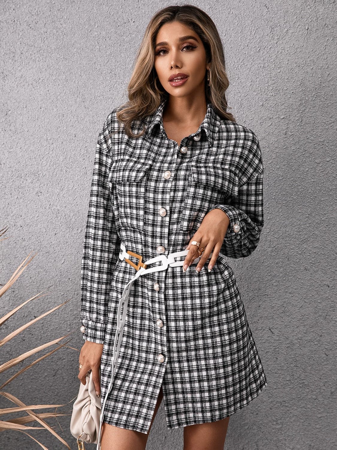 Pocketed Plaid Long Sleeve Mini Dress.