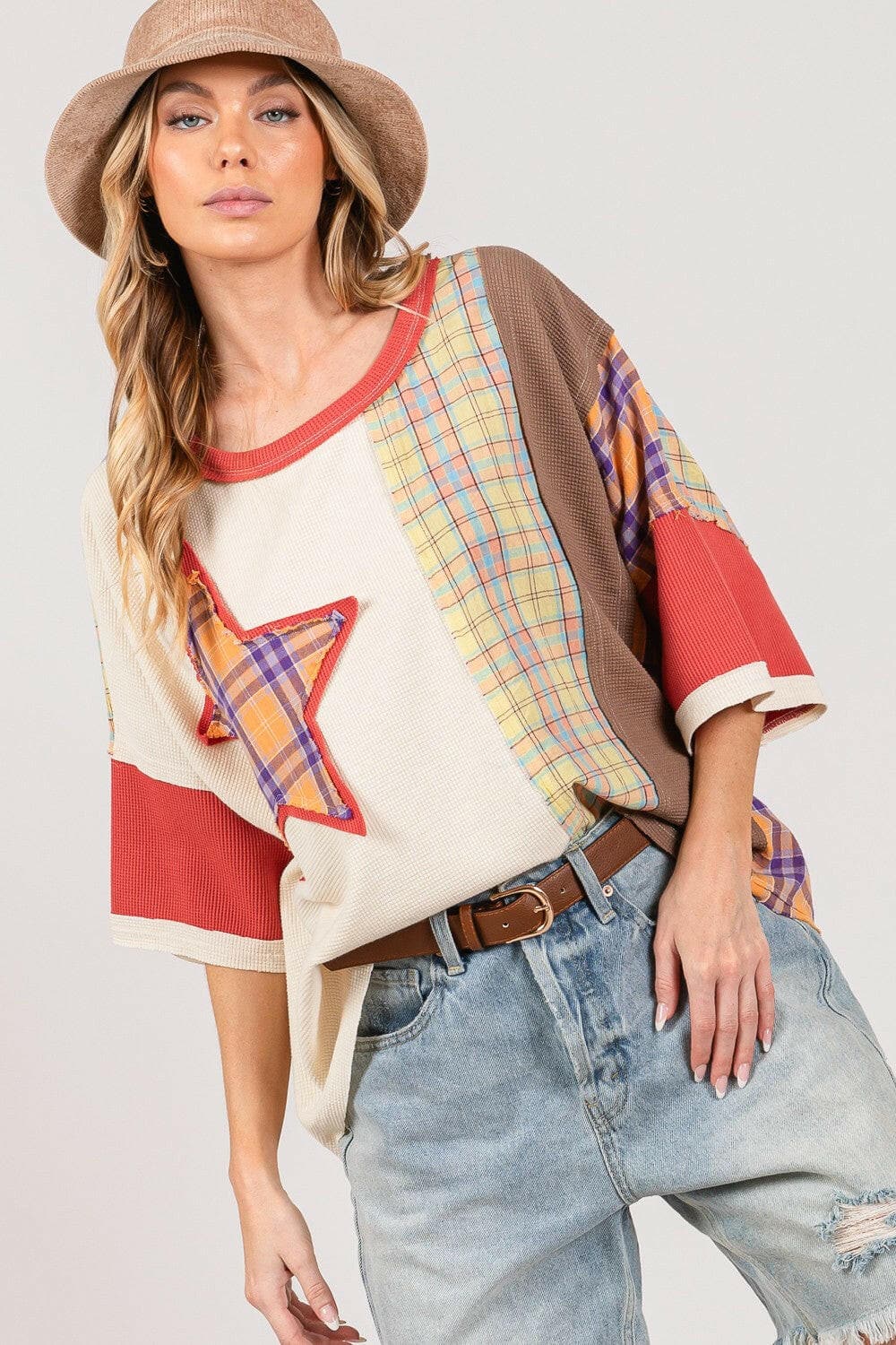 SAGE + FIG Round Neck Plaid Star Patch T-Shirt.