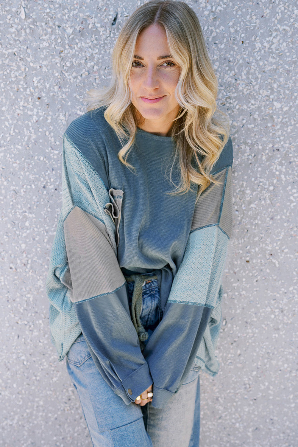 Dusk blue patchwork button-up long sleeve top with colorblock design