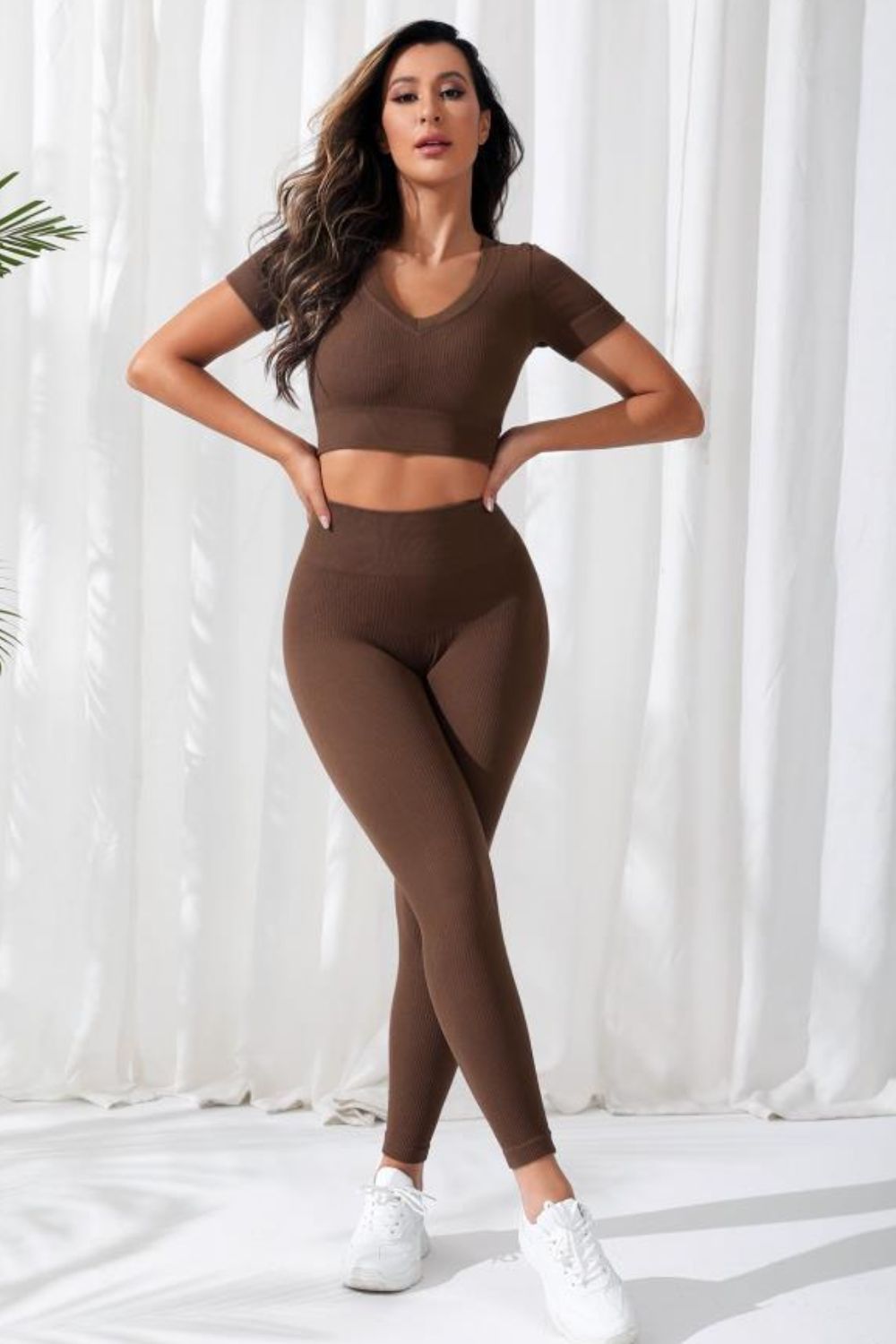 “Choco Flex” V-Neck Crop & High Waist Legging Set – 2PC Activewear