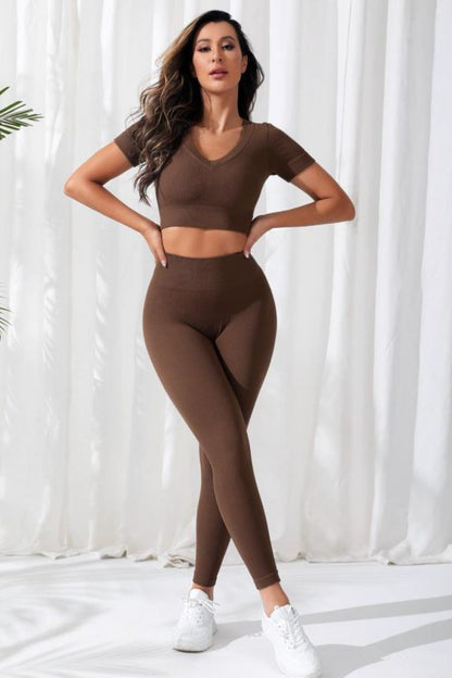 “Choco Flex” V-Neck Crop & High Waist Legging Set – 2PC Activewear