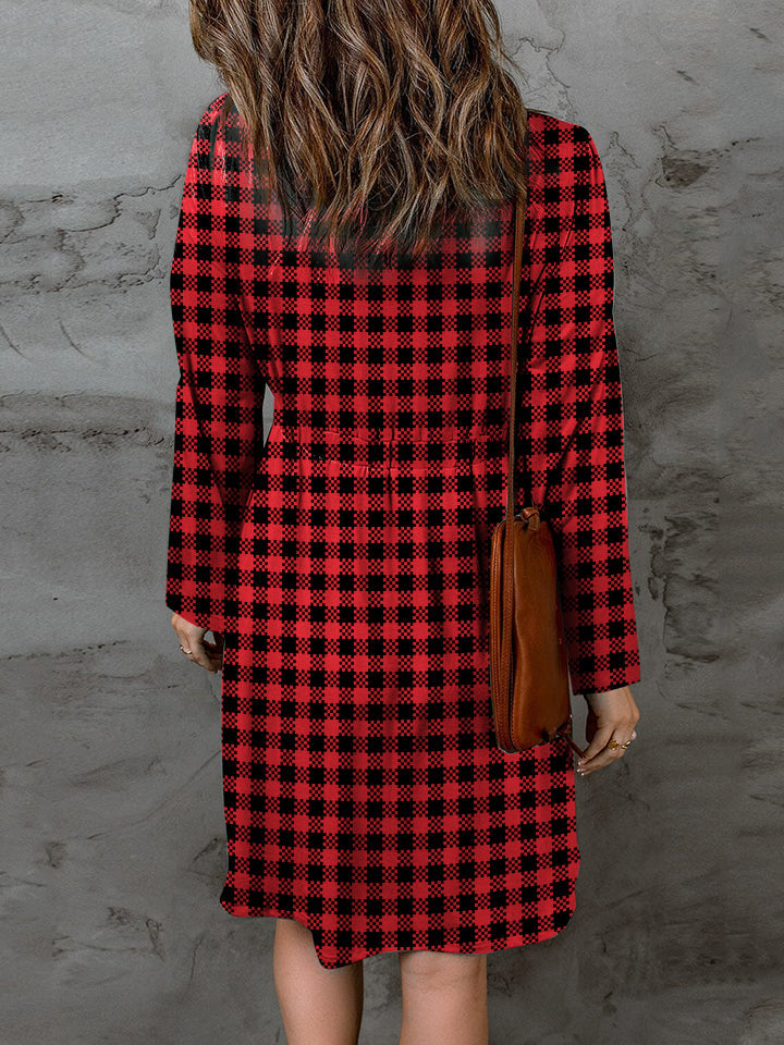 Double Take Full Size Plaid Round Neck Long Sleeve Magic Dress - Love Salve