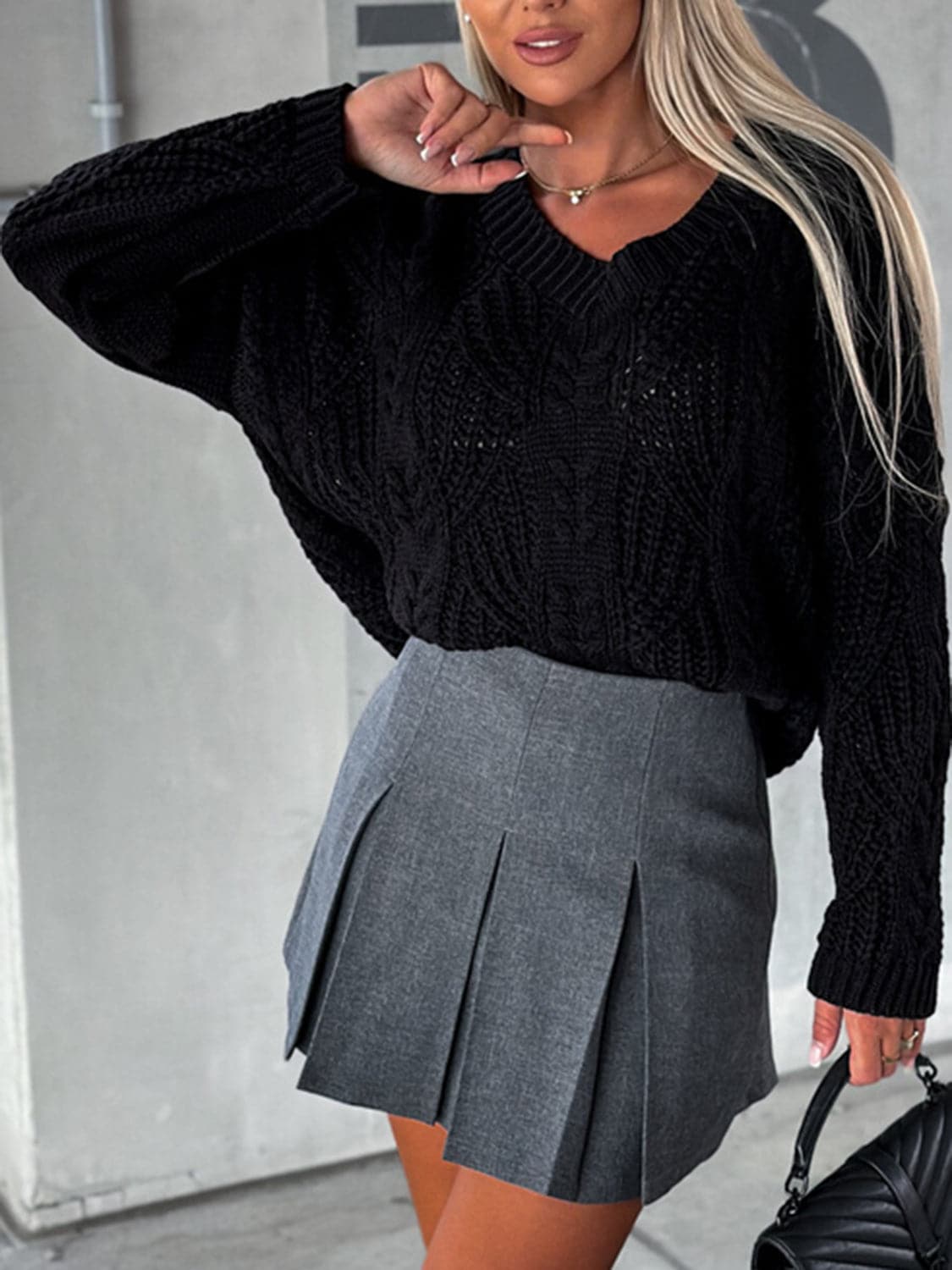 V-Neck Cable-Knit Long Sleeve Sweater.