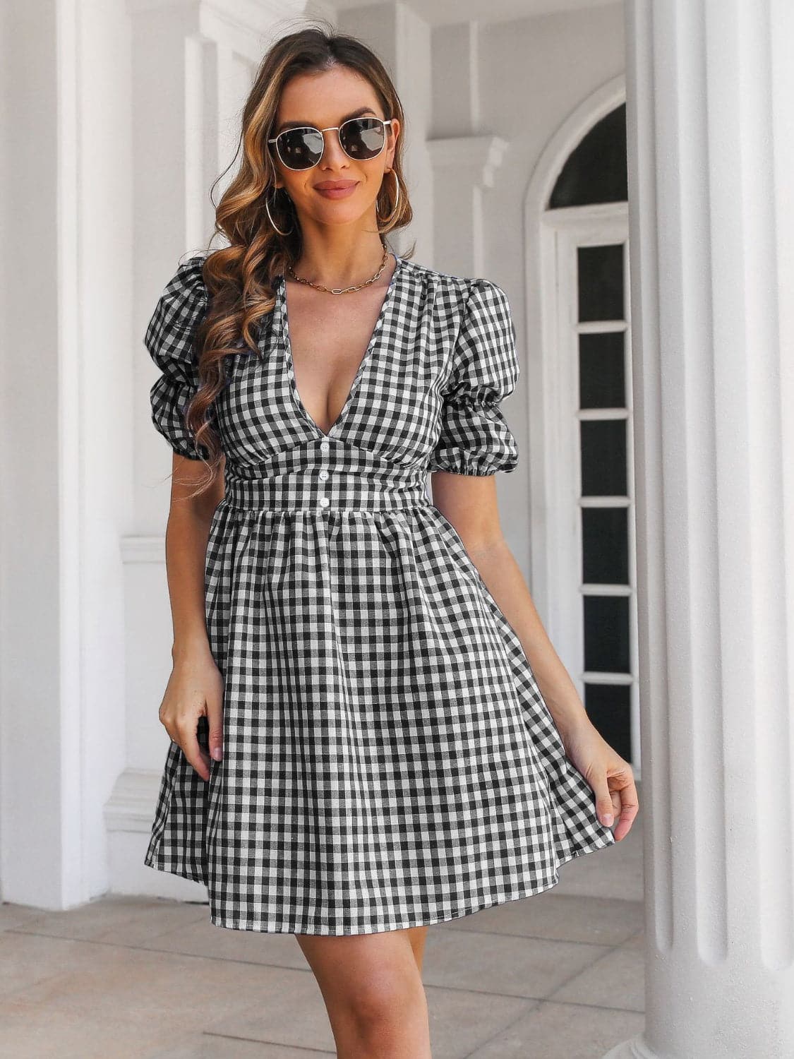 Decorative Button Plaid Short Sleeve Dress.