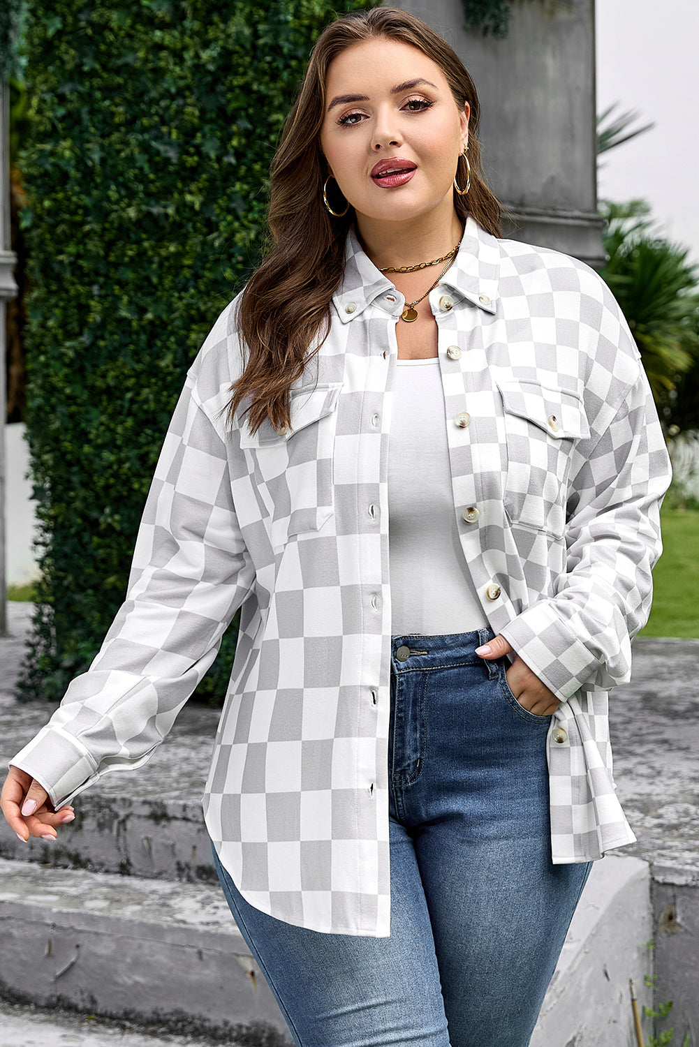 Khaki Plus Size Checkered Buttoned Down Casual Jacket Dear-Lover Dropshipping