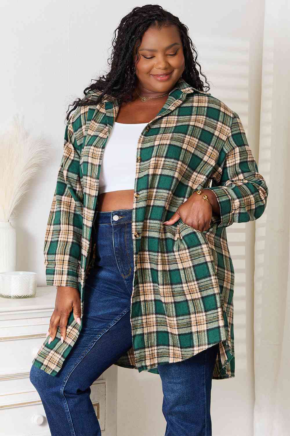 Double Take Plaid Collared Neck Long Sleeve Shirt - Love Salve