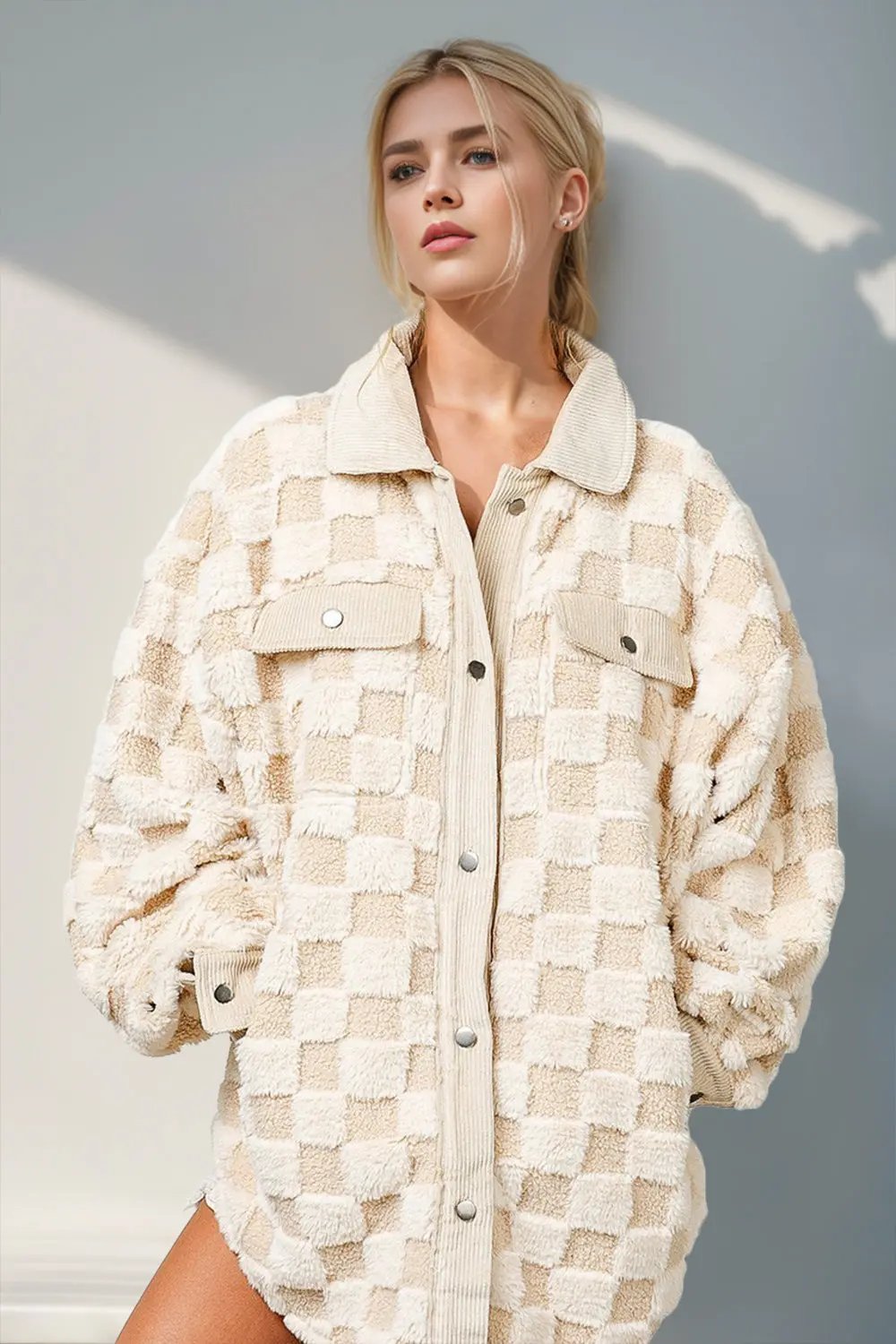 Double Take Button Up Fuzzy Checkered Shacket - Love Salve