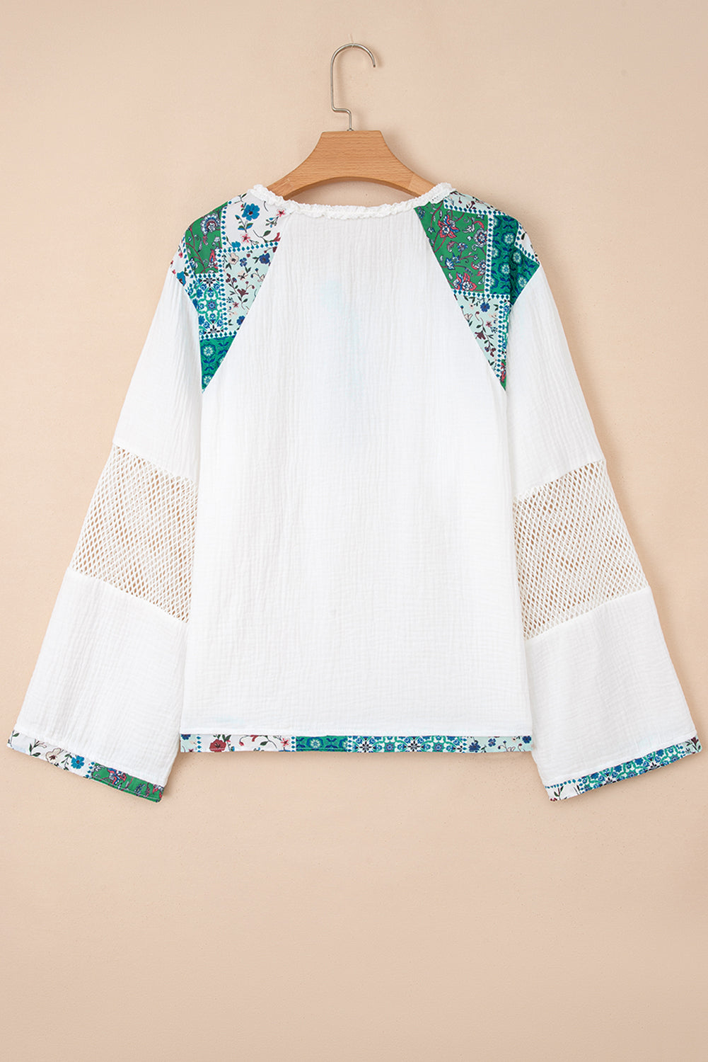 Premium White Plant Mesh Patch Color Block Half Button Blouse