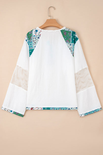 Premium White Plant Mesh Patch Color Block Half Button Blouse