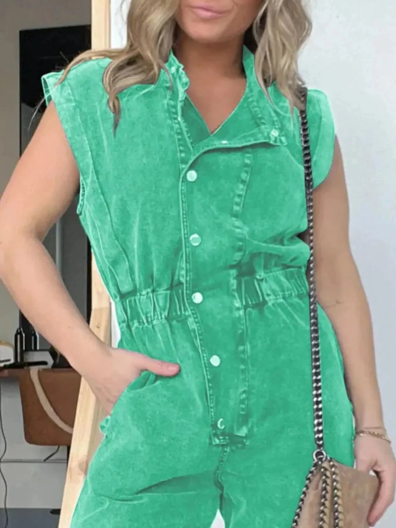 Full Size Button Front Cap Sleeve Denim Jumpsuit Plus Size Coco’s Tee Boutique