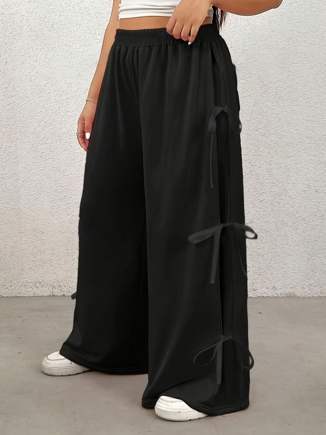 Chic Plus Size Wide Leg Pants with Bow and Elastic Waistband