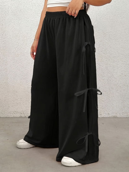 Chic Plus Size Wide Leg Pants with Bow and Elastic Waistband