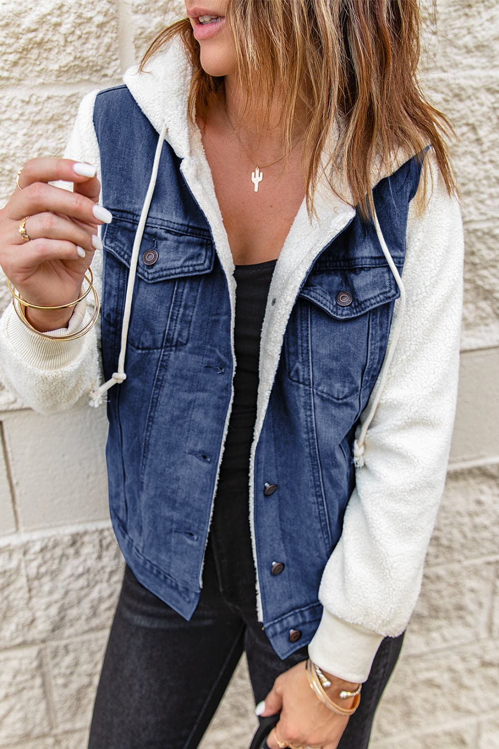 Two-Tone Spliced Denim Sherpa Hooded Jacket.