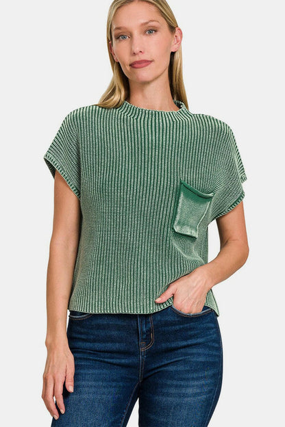 Zenana Washed Mock Neck Short Sleeve Cropped Sweater.