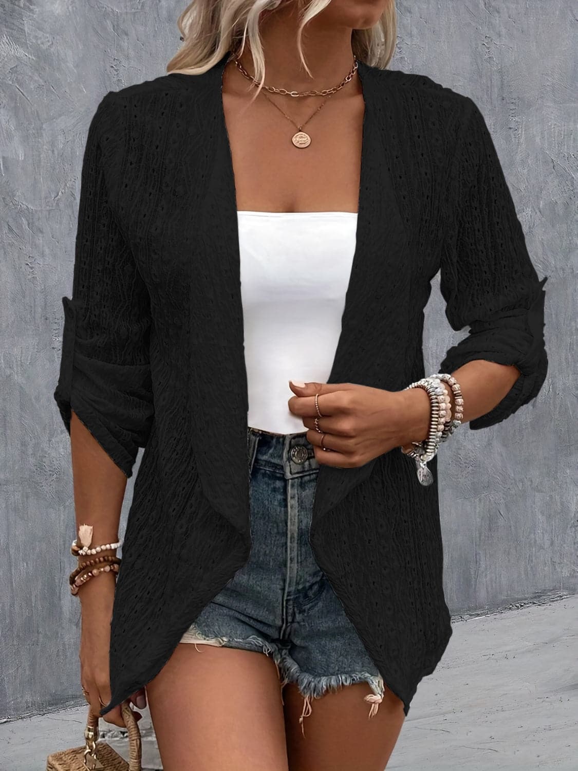 Eyelet Roll-Tab Sleeve Cardigan.