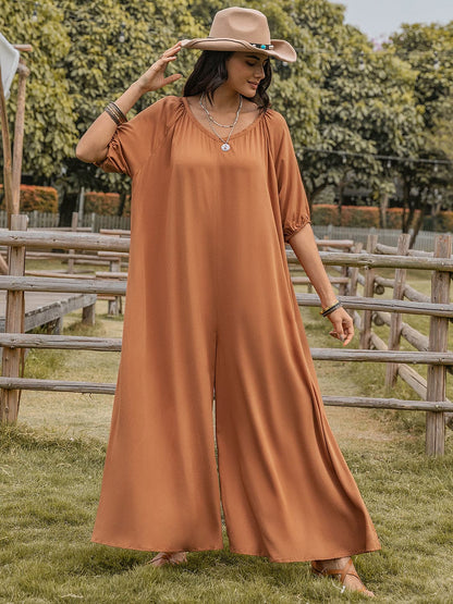 Scoop Neck Half Sleeve Wide Leg Jumpsuit.