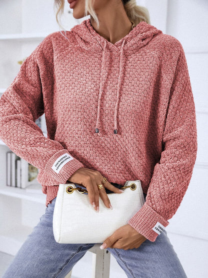 Texture Drawstring Long Sleeve Hooded Sweater.