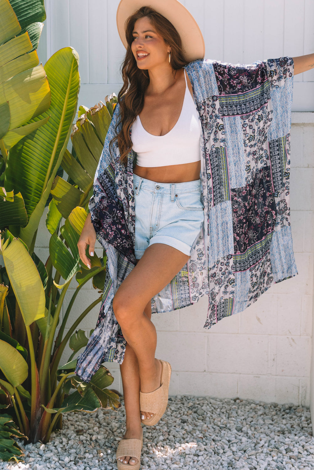 Blue Retro Floral Print Long Loose Open Front Kimono Love Salve