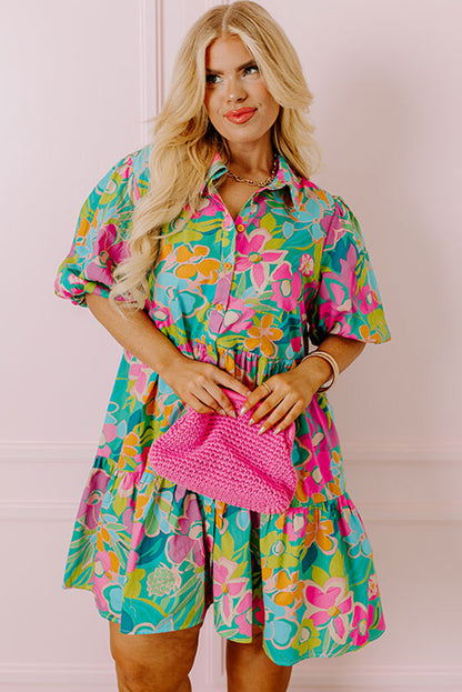 Floral green puff sleeve tiered shirt dress for a chic look