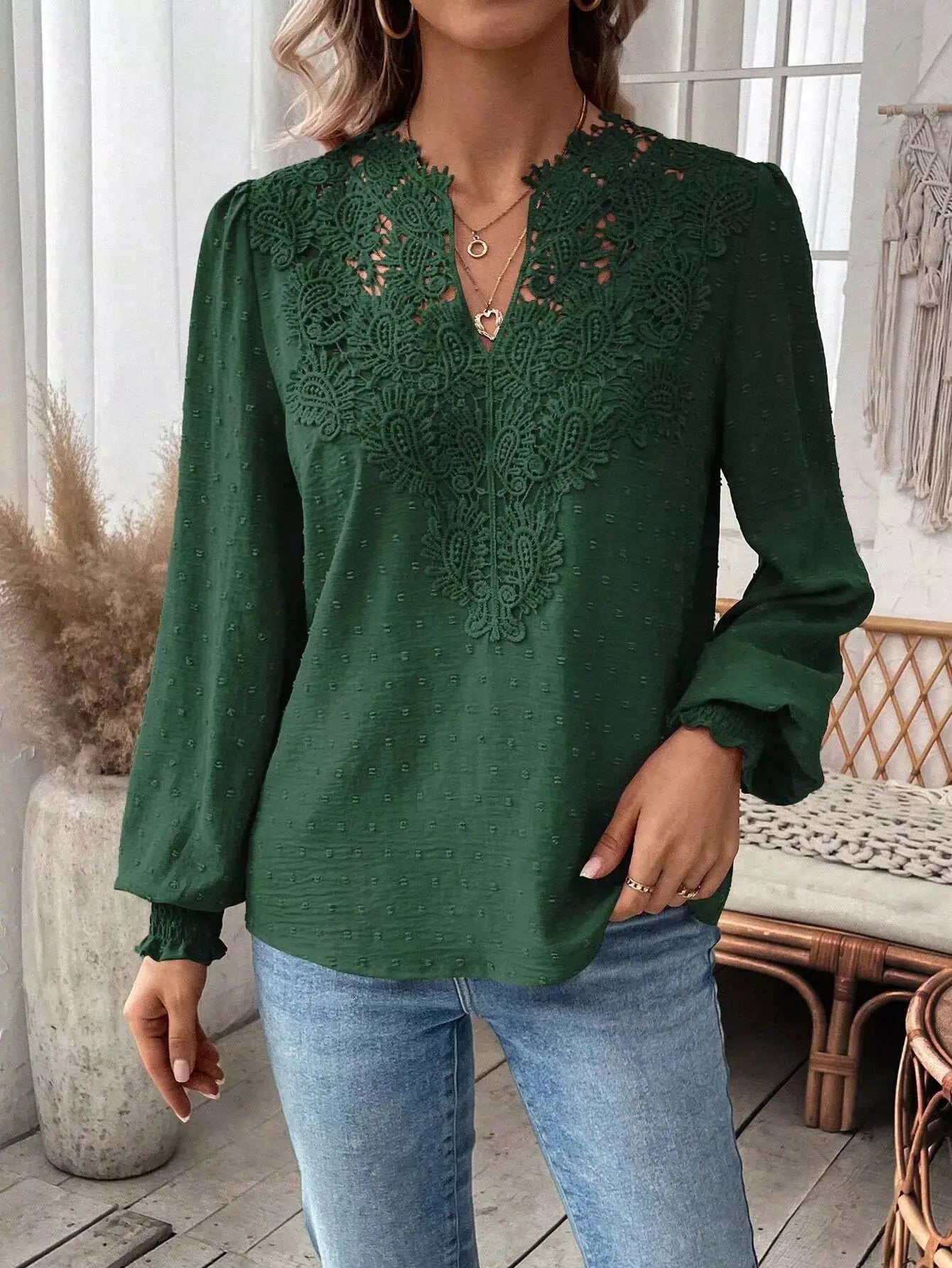 Lace Trim Long Sleeve Blouse Simply Love