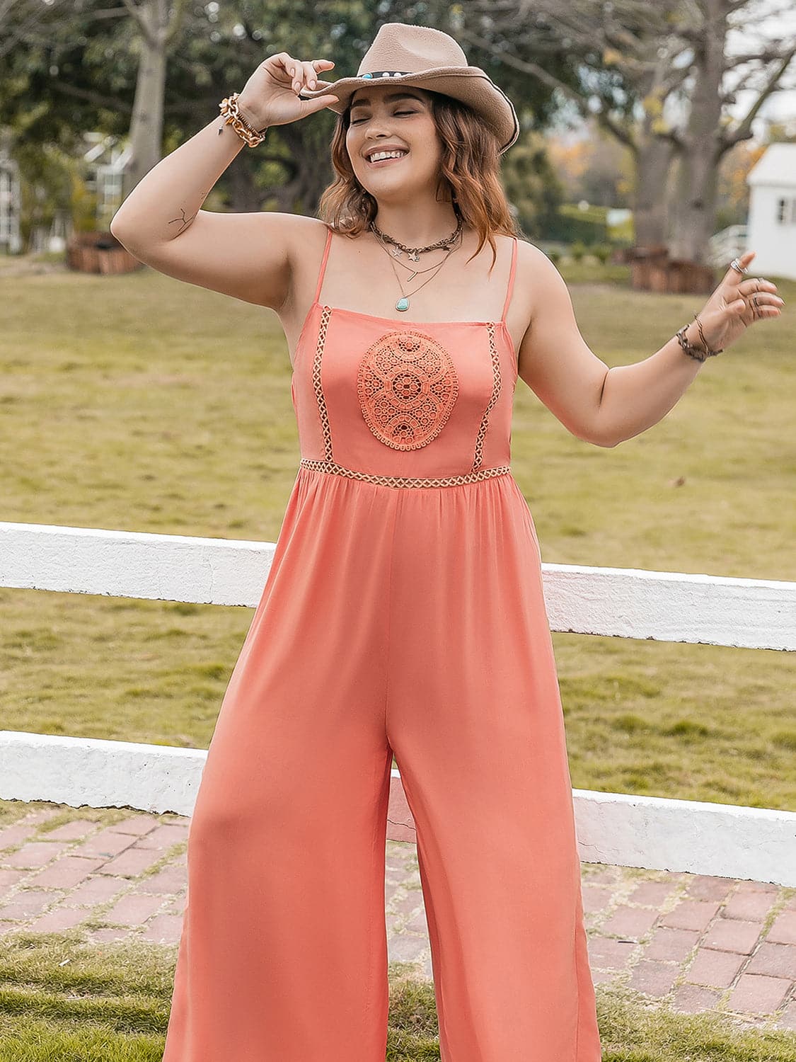 Plus Size Lace Detail Spaghetti Strap Wide Leg Jumpsuit.