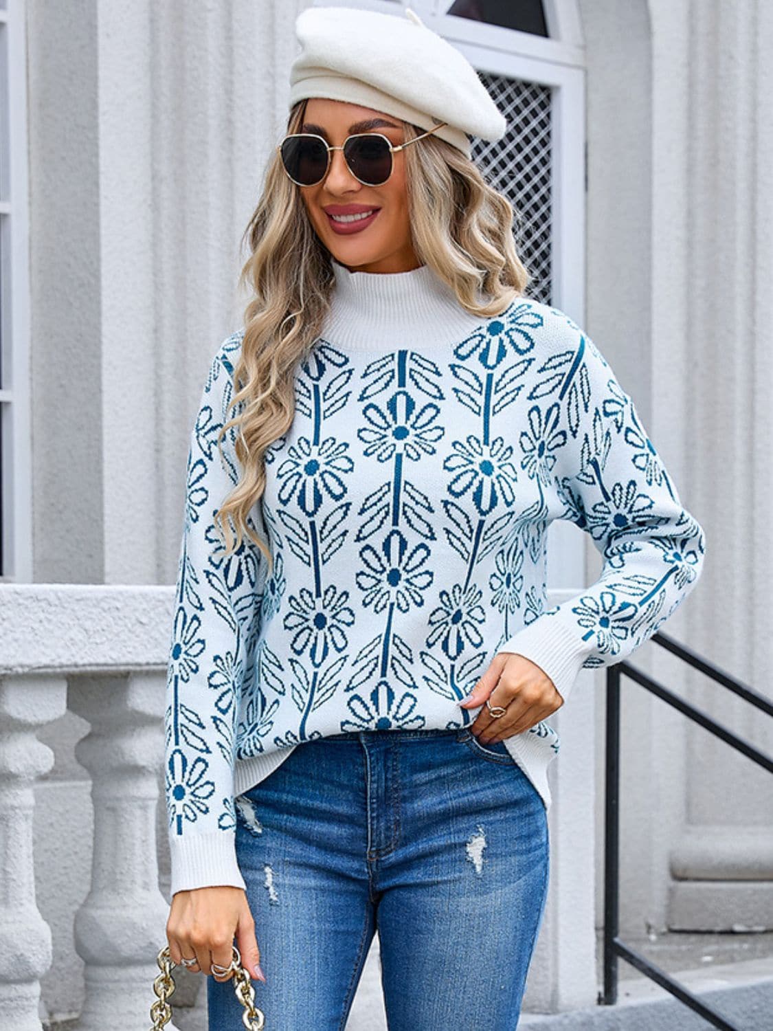 Flower Turtleneck Long Sleeve Sweater.