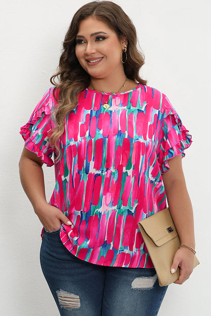 Floral plus size ruffled sleeve blouse with abstract design