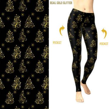 Christmas Glitter Tree Leggings Holiday Trees with Real Glitter and Pockets