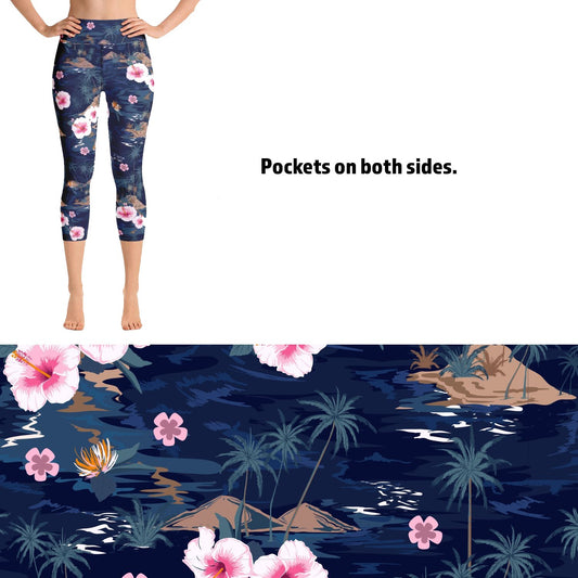 Women's Tropical Flower Printed Capri Leggings with Pockets MM