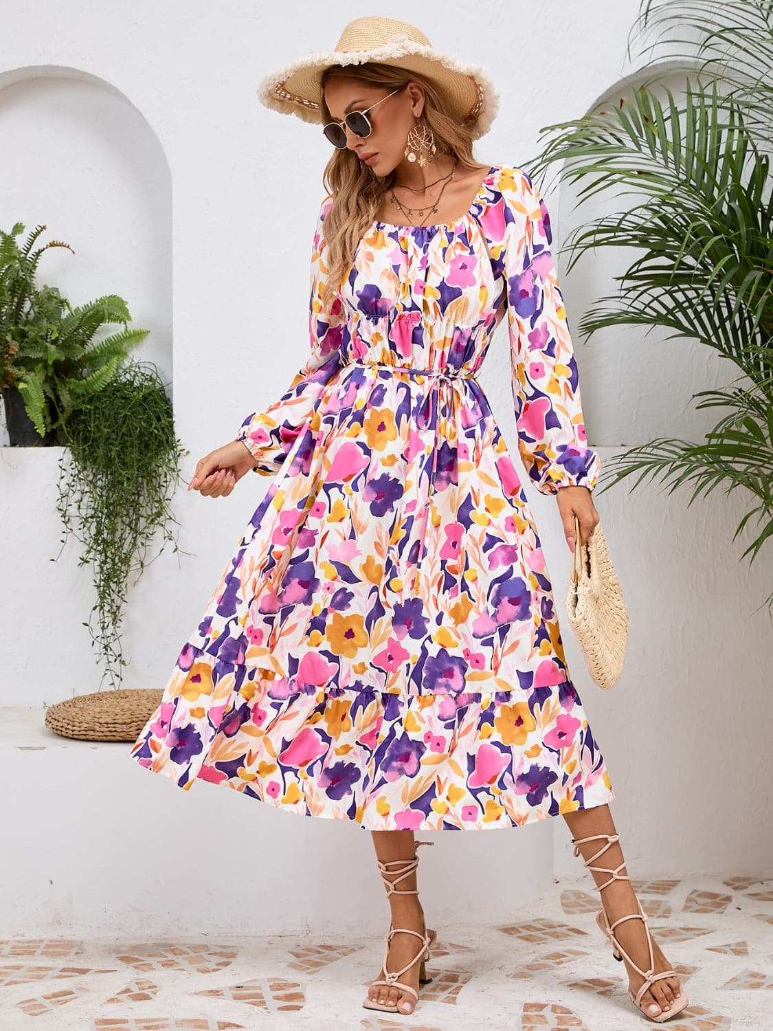 Printed Long Sleeve Midi Dress.