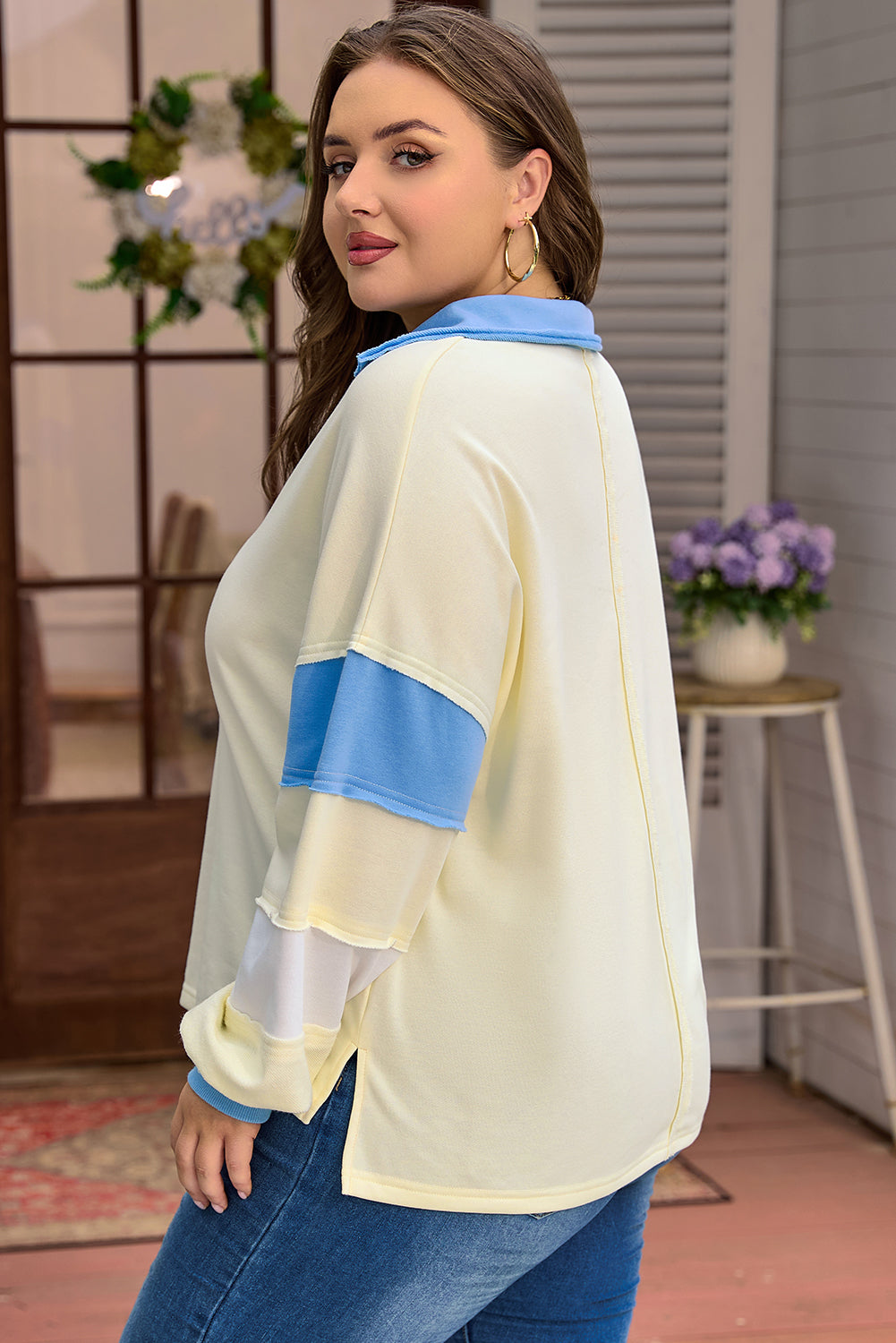 Yellow Cream Patchwork Color Block Plus Size V Neck Dear-Lover Dropshipping