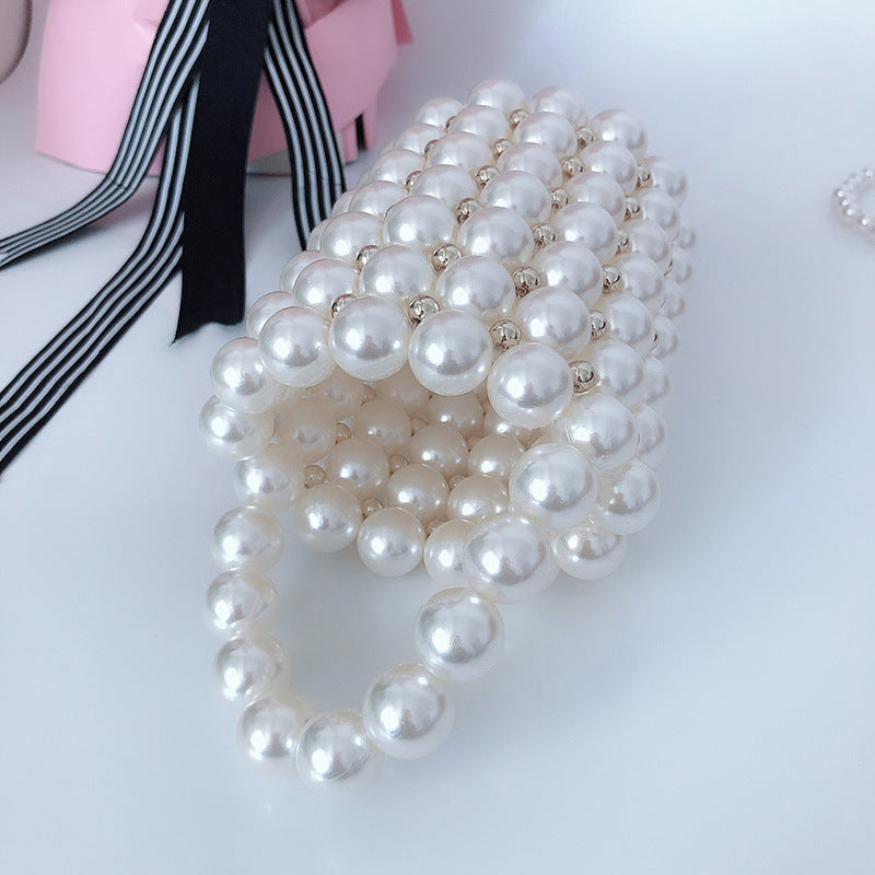 Hand Woven Imitation Pearl Handbag Stylish round Women Bucket Bag Hand Held Hollow Out Cutout Pen Holder Bag Bella Mia