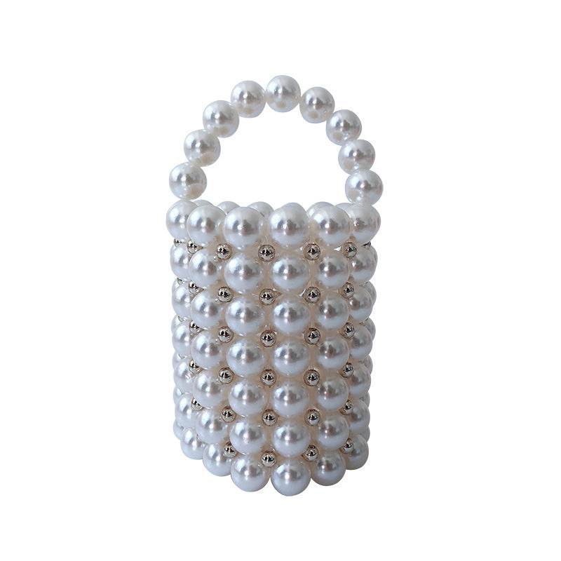 Hand Woven Imitation Pearl Handbag Stylish round Women Bucket Bag Hand Held Hollow Out Cutout Pen Holder Bag Bella Mia