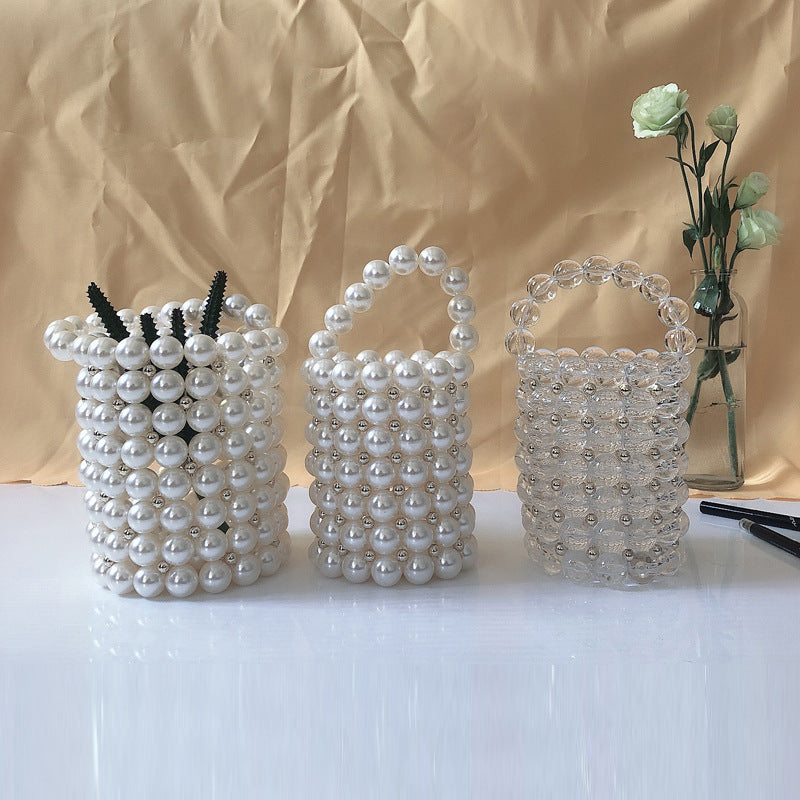 Hand Woven Imitation Pearl Handbag Stylish round Women Bucket Bag Hand Held Hollow Out Cutout Pen Holder Bag Bella Mia