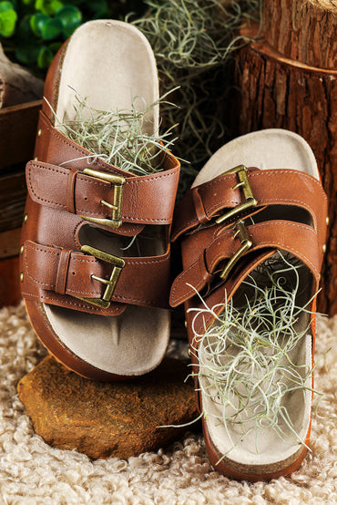 Chestnut Dual Buckle Studded Platform Sandal Slippers