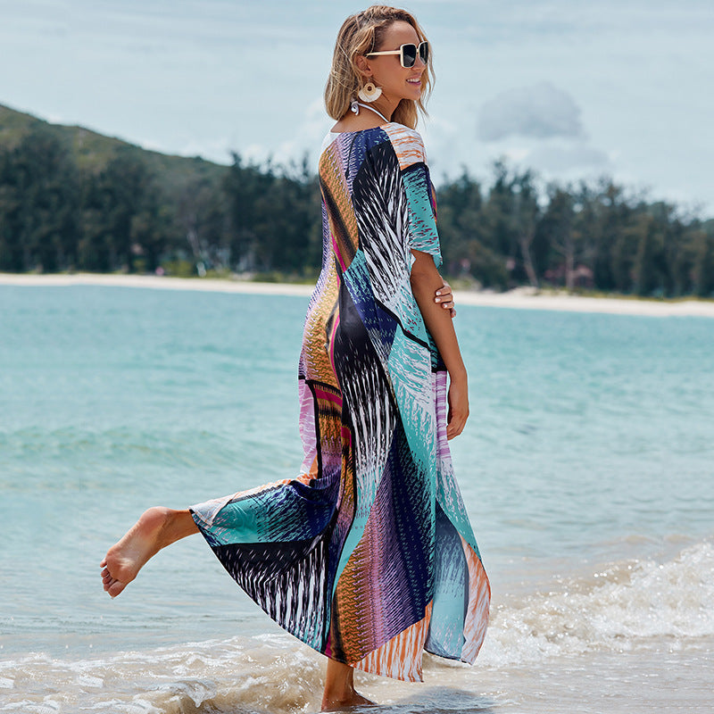 Colorful Floral Block Positioning Floral Robe Loose Maxi Dress Bikini Cover up Sun Protection Shirt Beach Vacation Dress Bella Mia