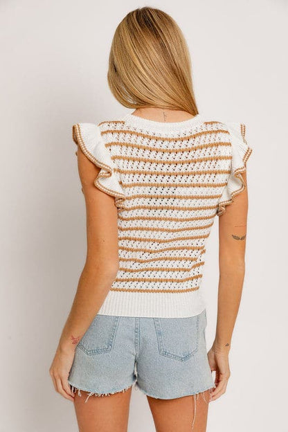 Round Neck Ruffle Sleeve Stripe Knit Top.