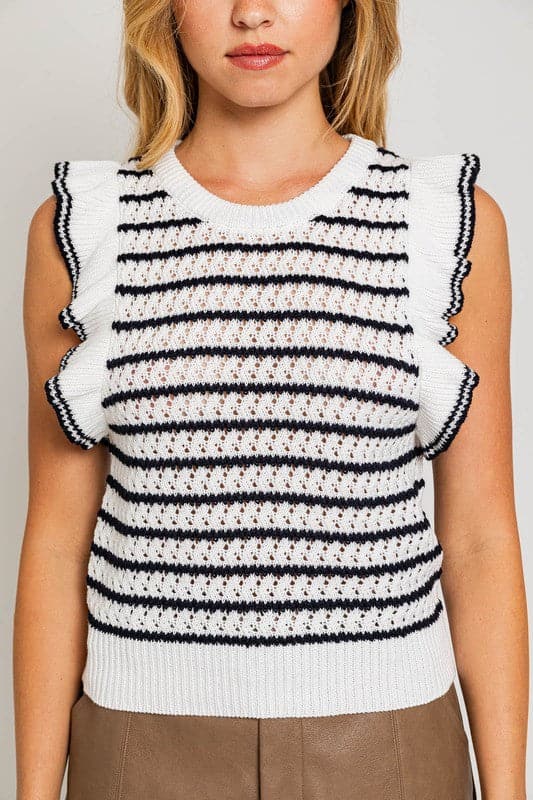 Round Neck Ruffle Sleeve Stripe Knit Top.