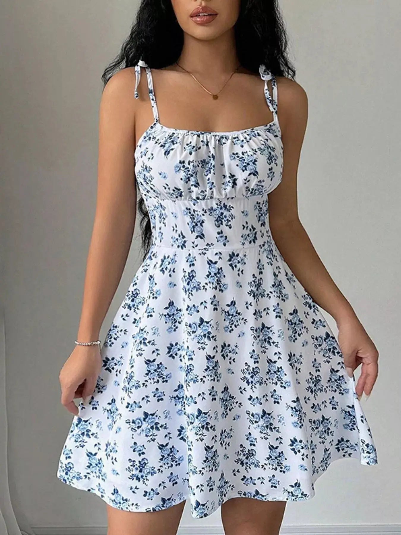 Floral Print Tie Strap Mini Dress Simply Love