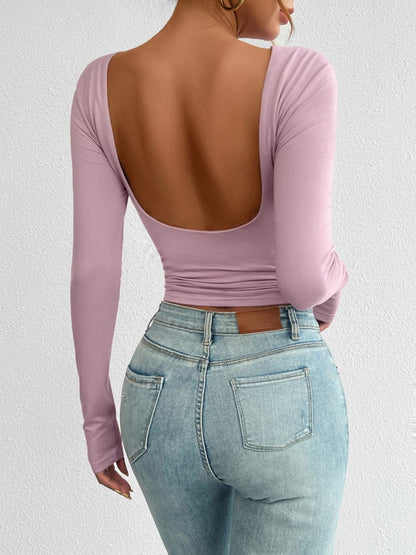 Chic backless long sleeve top with round neck