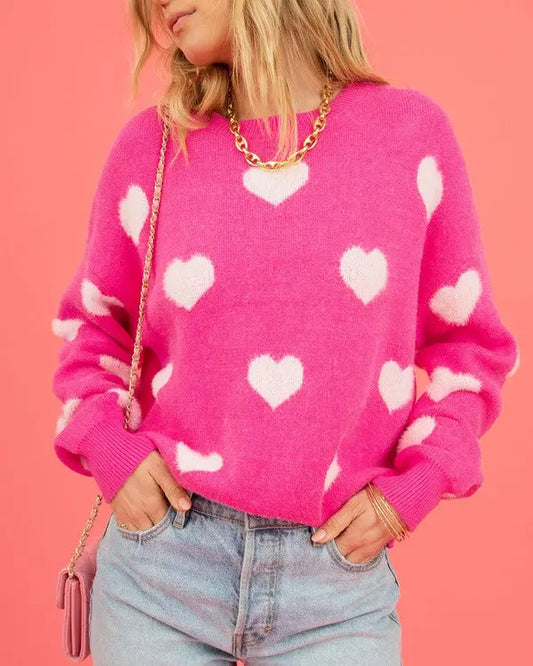Cozy Heart Sweater Crew Neck With Contrast Heart Motifs In A Relaxed Knit Miss Sparkling