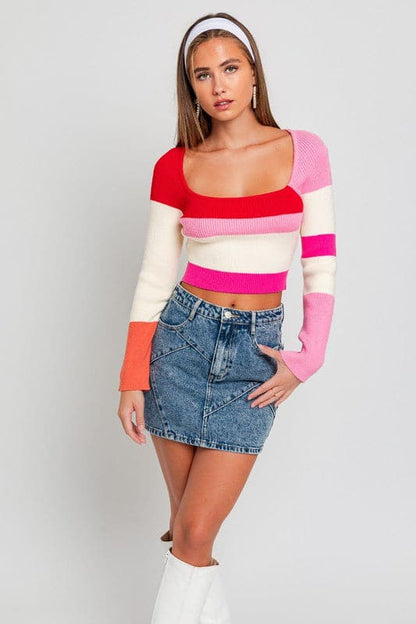 Long Sleeve Color Block Stripe Knit Top.