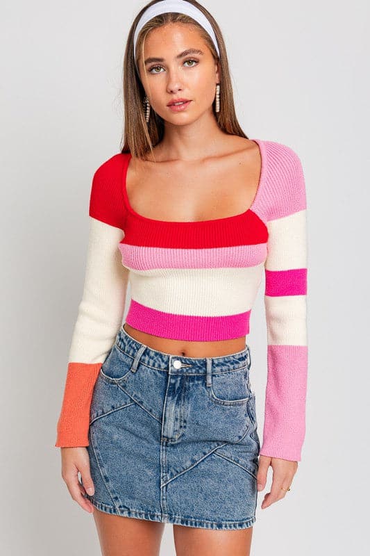 Long Sleeve Color Block Stripe Knit Top.