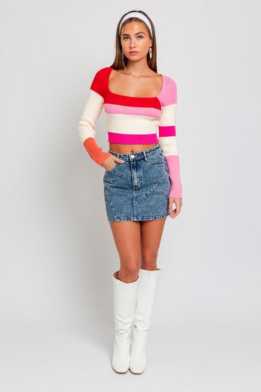 Long Sleeve Color Block Stripe Knit Top.