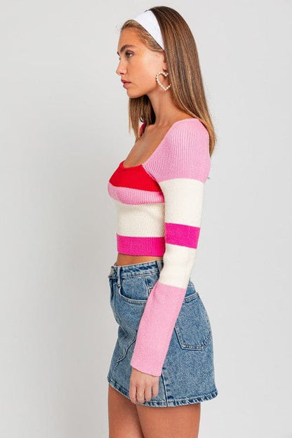 Long Sleeve Color Block Stripe Knit Top.