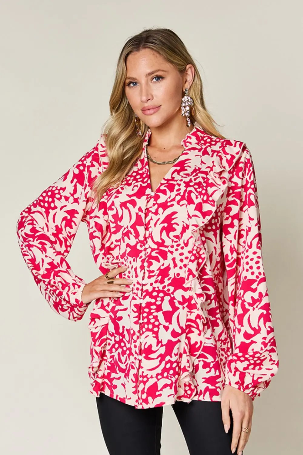 Double Take Full Size Printed Ruffle Trim Balloon Sleeve Shirt - Love Salve