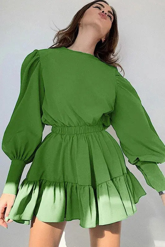 Round Neck Lantern Sleeve Dress With Ruffle Hem For All Occasions Miss Sparkling