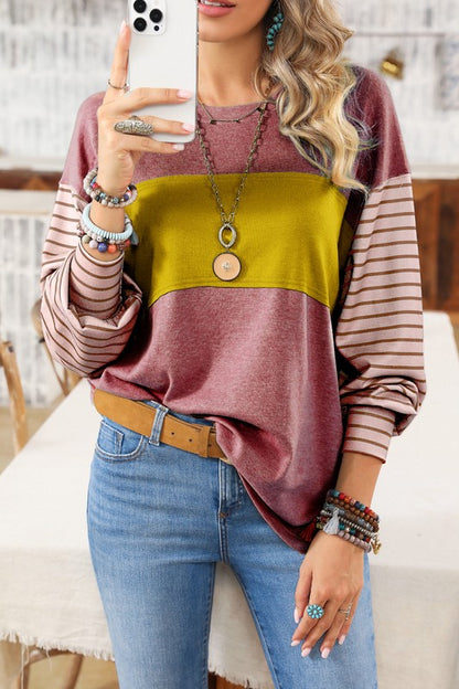 Colorblock Striped Bishop Sleeve Side Slits Top